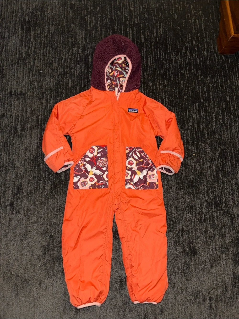 Patagonia Floral Hooded One-Piece Snowsuit in Burgundy and Red Accents